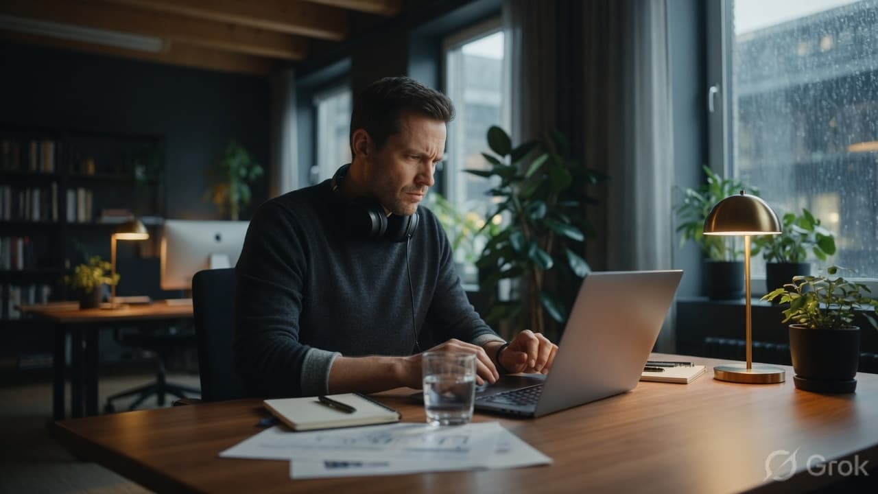 Operator working through receivables in a quiet office